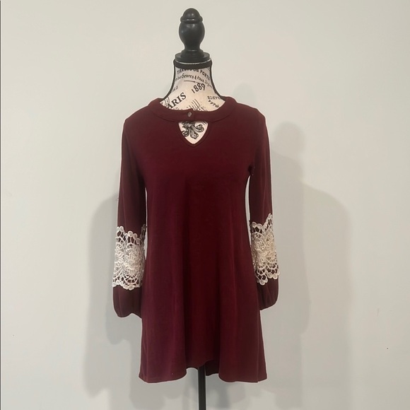 Ces Femme Dresses & Skirts - Ces Femme Women's Burgundy Sweater Dress with Lace Sleeves